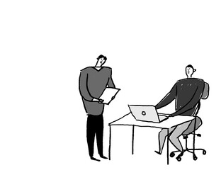 椅子に座ってパソコンを触る男性と、タブレットを持って立つ男性
（横、右配置）