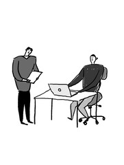 椅子に座ってパソコンを触る男性と、タブレットを持って立つ男性（縦、中央配置）