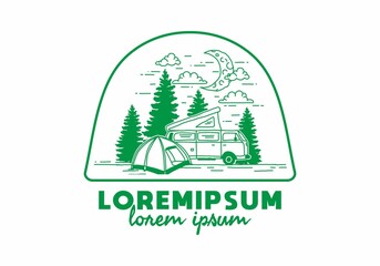 Half moon camping with campervan illustration