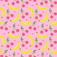 Cute seamless pattern with banana cherry and heart. Perfect for textile, wrapping paper, etc