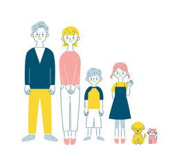 4人家族とペットの淡いカラーシンプルイラスト