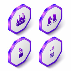 Set Isometric Bulletproof vest, Binoculars, Lighter and Walkie talkie icon. Purple hexagon button. Vector