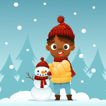 A boy sculpts a snowman on the street in winter against the backdrop of snow and fir trees. Vector illustration for designs, prints and patterns. Vector illustration