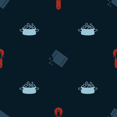 Set Pizza knife, Packet of pepper and Cooking pot on seamless pattern. Vector