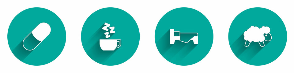 Set Sleeping pill, Chamomile tea, Bed and Sheep icon with long shadow. Vector