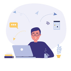 Happy boy works on a laptop. Flat style. Good for image work, office.  The concept of distance learning, education, work. Online consultant, communication on the Internet. Flat illustration.