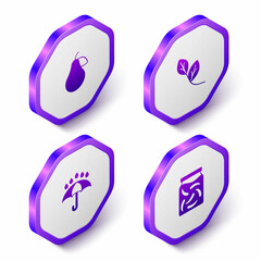 Set Isometric Pear, Leaf, Umbrella and rain drops and Pickled cucumbers jar icon. Purple hexagon button. Vector