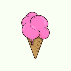 Pink ice cream balls in waffle cone, Vector flat outline icon design on white background.