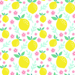 Cute seamless pattern with lemon flower and leaves. Perfect for fabric, wrapping paper, etc