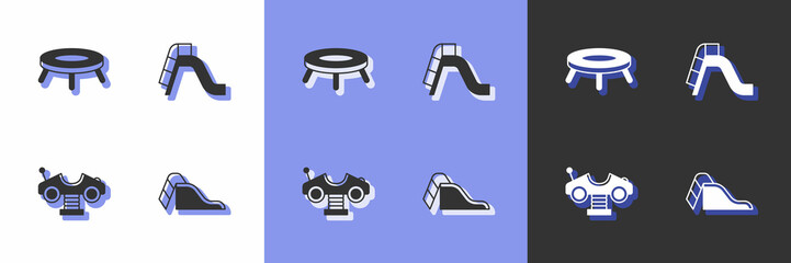 Set Slide playground, Jumping trampoline, Swing car and icon. Vector