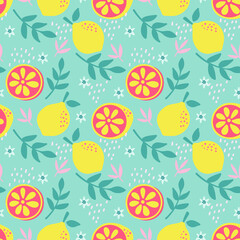 Cute seamless pattern with lemon, flower and leaves. Perfect for textile, wrapping paper, etc