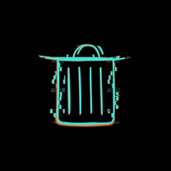 Bright neon glowing symbol with distortion. Waste basket, hand-drawn with a jagged line on a black background. Screen color noise. Art Glitch tv.
