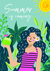 Cute hand drawn girl / women illustration holding a coconut with bikini, tropical jungle and sun. Card / poster template for summer holiday season