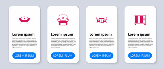 Set Wardrobe, Table with chair, Armchair and Sofa. Business infographic template. Vector