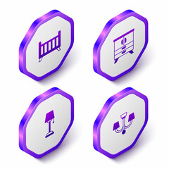 Set Isometric Baby crib cradle bed, Chest of drawers, Floor lamp and Chandelier icon. Purple hexagon button. Vector