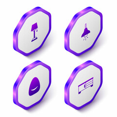 Set Isometric Floor lamp, Lamp hanging, Pouf and TV table stand icon. Purple hexagon button. Vector