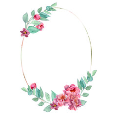 Bright fresh cute elegant watercolor peonies wreath. Colorful summer flowers in pink and red. Illustration for vintage greeting. Romantic garden flowers. For wedding invitations, card design