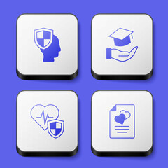 Fototapeta premium Set Life insurance with shield, Education grant, and Marriage contract icon. White square button. Vector