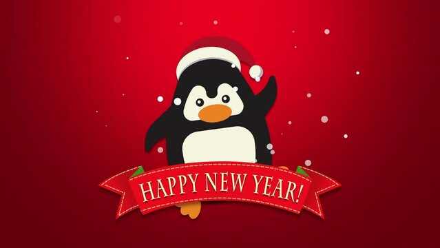 Happy New Year with funny penguin and snow on red background, motion holidays and winter style background for New Year and Merry Christmas