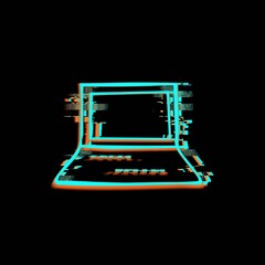 Bright neon glowing symbol with distortion. Open computer, hand-drawn with a jagged line on a black background. Screen color noise. Glitch icon.
