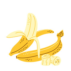 A set of yellow bananas in a hand-drawn style. Healthy fruits. Vector illustration isolated on a white background