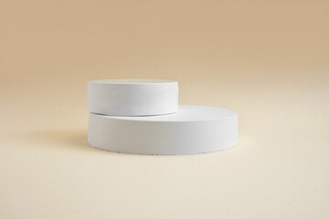 Podium for cosmetic product presentation. Abstract minimal geometrical form. Cylinder podium sphere, geometric forms, soft shadow. Scene to show products. Showcase, display case. Flat lay, side view