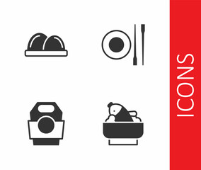 Set Rice with fish in a bowl, Sushi, Asian noodles paper box and Food chopsticks plate icon. Vector