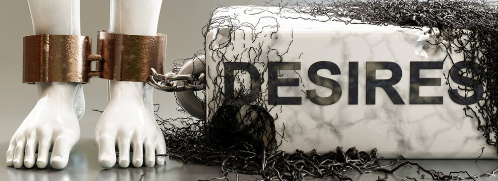 Desires that entraps, limits life, enslaves and brings psychological weight, symbolized by a heavy, decaying stone with word Desires and black, poisonous ivy., 3d illustration