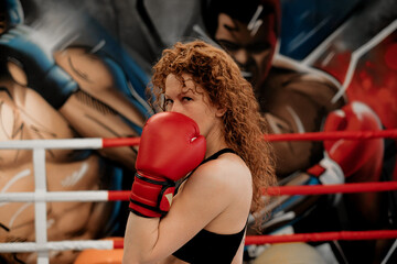 beautiful fitness woman with red boxing gloves. 