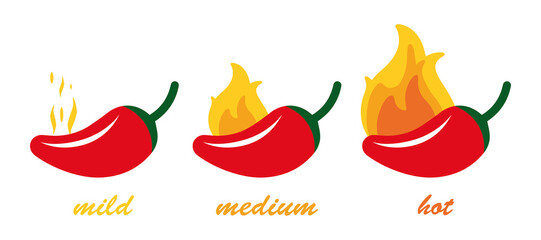 Chili pepper. Mild, medium and hot chilli pepper. Emblems jalapeno or chilli peppers. Vector illustration isolated on a white background for design and web.