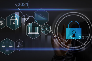 Person using a laptop computer with technology cybersecurity and privacy concept. protection and safe data for global network security