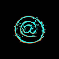Bright neon glowing symbol with distortion. E-mail, hand-drawn with a jagged line on a black background. Screen color noise. Glitch icon.