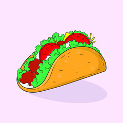 Vector hand drawn create design, Cartoon outline mexican taco food, Vegetable and meat colorful.