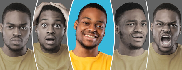 Male emotions during day. Young african american guy showing various positive and negative emotions, collage