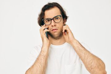 Cheerful man telephone communication hand gesture isolated background