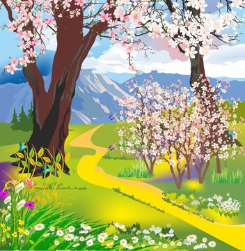 spring composition with trees, flowers, mountains and a road among meadows 