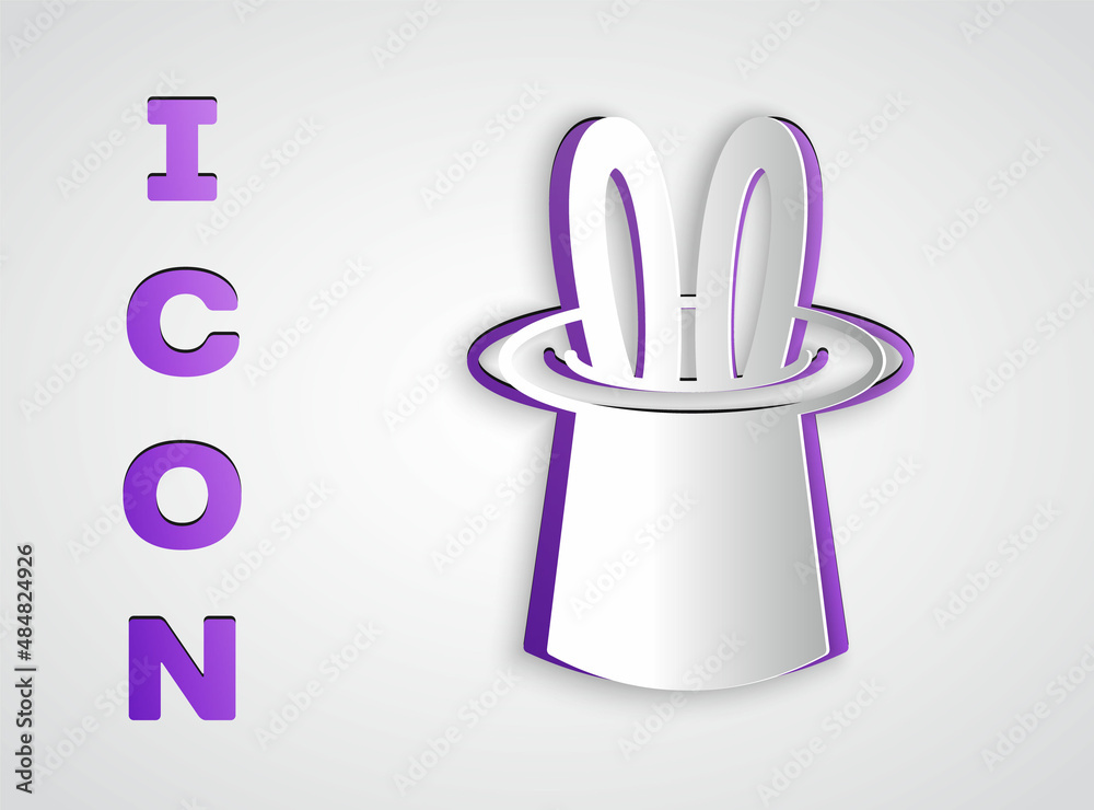 Poster paper cut magician hat and rabbit ears icon isolated on grey background. magic trick. mystery entert