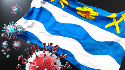 Havirov and covid pandemic - virus attacking a city flag of Havirov as a symbol of a fight and struggle with the virus pandemic in this city, 3d illustration