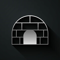 Silver Igloo ice house icon isolated on black background. Snow home, Eskimo dome-shaped hut winter shelter, made of blocks. Long shadow style. Vector