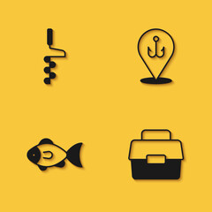 Set Hand ice drill, Case or box for fishing, Fish and Fishing hook icon with long shadow. Vector