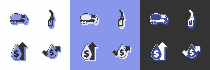 Set Oil price increase, Tanker truck, and Gasoline pump nozzle icon. Vector