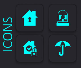 Set Umbrella, House under protection, Ringing alarm bell and icon. Black square button. Vector