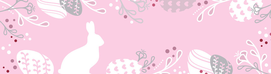 Happy Easter pink template, horizontal design with bunny, easter eggs, plants.