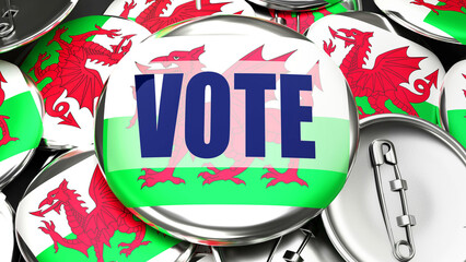Wales and Vote - dozens of pinback buttons with a flag of Wales and a word Vote. 3d render symbolizing upcoming Vote in this country., 3d illustration