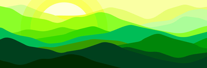 Multicolor sunset in mountains. Panorama, translucent waves, abstract green glass shapes, modern background, vector design Illustration for you project