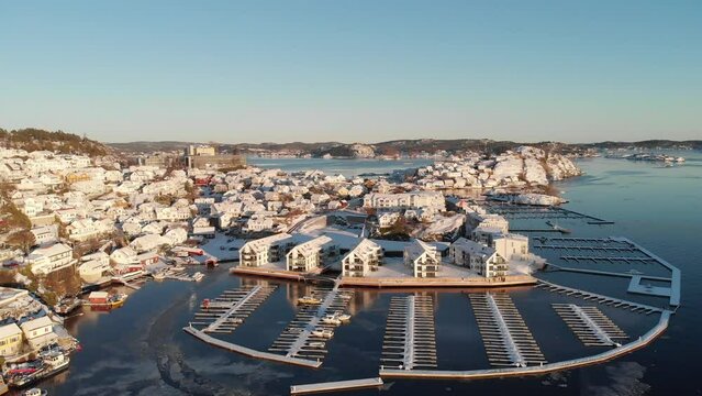 Kragerø City And Marina On A Sunny Winter Day In Norway. - aerial forward