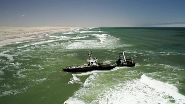 Drone orbit shows abandoned shipwreck of stranded vessel on Skeleton Coast