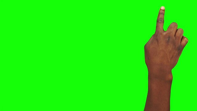 Package of 27 gestures made by Black male hands to control touch screen on alpha channel background. The man is swiping and zooming then scrolling by fingers content on smart display on a greenscreen