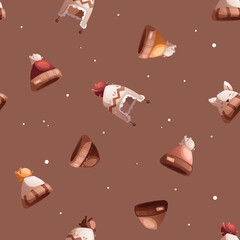 Seamless vector pattern consisting of winter children's clothing such as hats. Brown background.