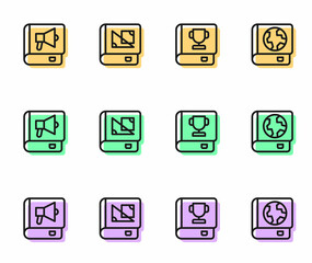 Set line Book, about geometry and Earth globe and book icon. Vector